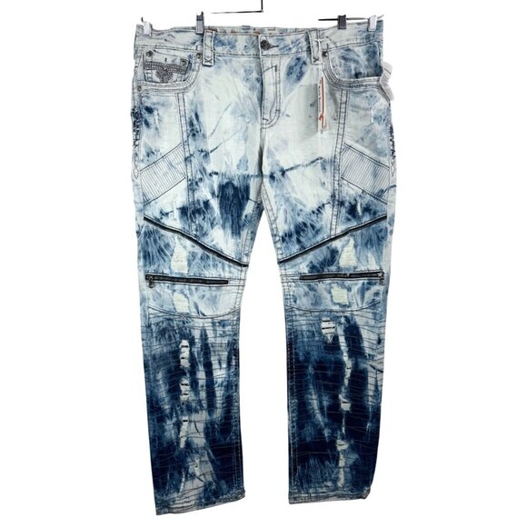 Rock Revival Serge Biker Jeans distressed embroidered grunge goth acid sz 42